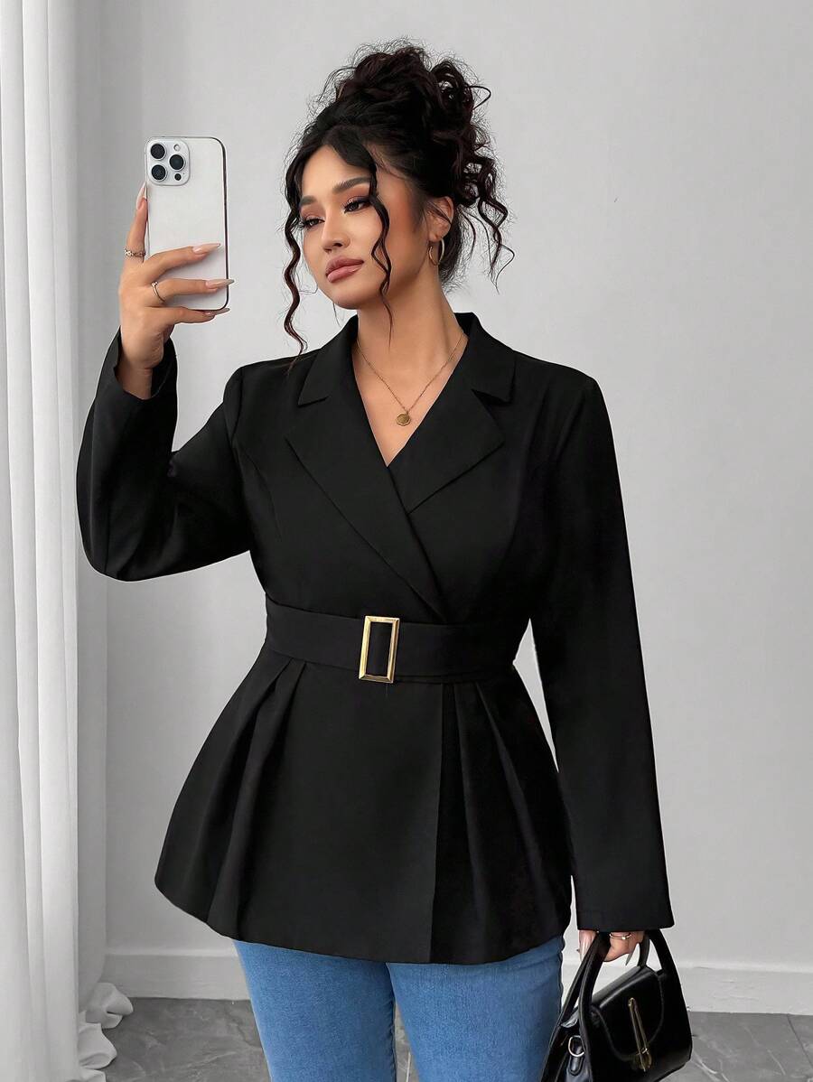 Elenzga Plus Size Women's Solid Color Lapel NeckLong Sleeve Pleated Design Elegant Blazer, Autumn Fall Cloth For Women Winter