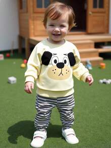 Perso Play Baby Boy Autumn Apricot Sweatshirt With Raglan Sleeves, Flattering Fit, Cute Puppy Graphic, Striped Pants, Essential Daily Outfit - Multicolor - View 1