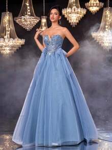 Glamrae 奢华、优雅、高贵、时尚、青春、蓝色、飘逸、网眼、露肩、罩杯设计、贴花、深V领、大喇叭裙、系带、适合单身派对、婚礼嘉宾、音乐节、度假、正式晚会、晚礼服