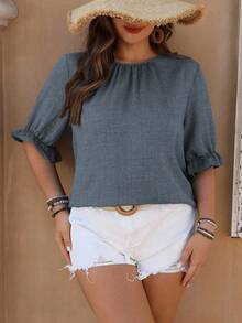 Linhara Plus Size Women Tie Sleeve Decorative Button Design Shirt - Dusty Blue - View 3