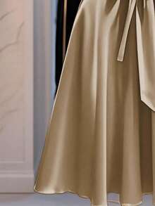 Franclia Women's Elegant Solid Color Waist Cinched Dress - Khaki - View 4