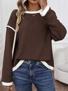 SHEIN LUNE Felpa casual a maniche lunghe con blocchi di colore per donna in autunno/inverno, casual - Caffè Marrone - Visualizzare 1