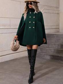 EMERY ROSE 女士绿色双排扣斗篷袖时尚中长款大衣 - 墨綠色 - 查看 3