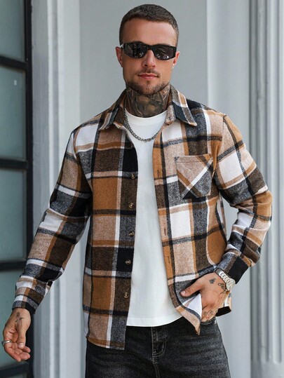 Manfinity Homme Men's Plaid Single-Breasted Pocket Casual Shacket, Autumn, Old Money, Perfect Holiday Gift For Boyfriend & Husband, Formal, Ceremony