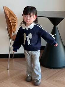 DAZY Baby Girl Contrast Color Collar Korean Style Bow Long Sleeve Sweatshirt Fall, Winter Toddler Girls Clothes - Navy Blue - View 3