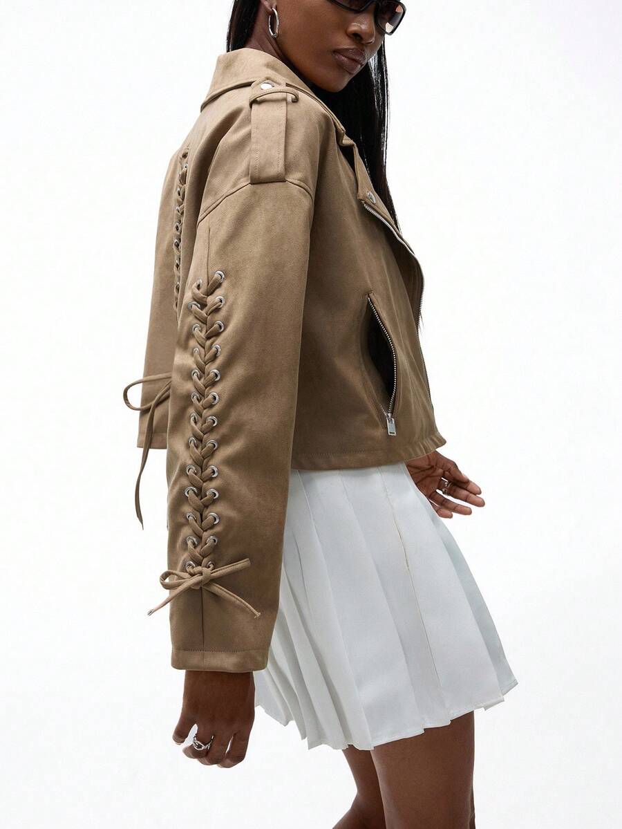 Aveloria GENKIRA Chaqueta corta de estilo motero de mujer con diseño de cordones en estilo vintage punk de PU - Caqui - Ver 1