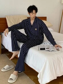 DAZY Navy Blue Striped Shirt With Embroidered Design Men's Loungewear Set, Autumn, Fall Clothes Pajama - Multicolor - View 7