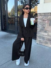 Firerie Kids Firerie Kids Tween Girl Elegant Casual Holiday Lapel Waist Tie Loose Shacket And High Waist Relaxed Pants, Suitable For Autumn And Summer Fall Winter - Black - View 5