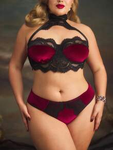 Plus Size Lace Patchwork Palace Style Velvet Heart-Shaped Lingerie - Burgundy - View 2