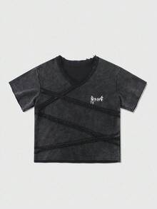 ROMWE MEN Goth 男士美式哥特街头风格拼接雪洗短袖T恤 - 黑色 - 查看 5