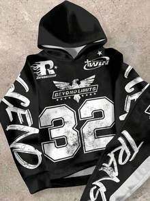 SHEIN 2 件男童图案连帽衫和运动裤套装 - “超越极限 32”大胆老鹰街头服饰 | 青少年秋冬励志服装，休闲宽松圆领长袖和裤子套装，适合秋冬季 - 彩色 - 查看 4