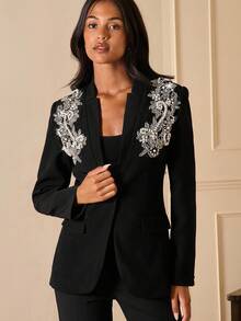Lilora Women's Casual Commuting Lapel Blazer Black Blazer For Women Black Blazer With Embellishments Embellished Blazer Black Embellished Blazer Beaded Blazer In Fall/Winter