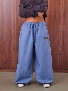 COUREZ Quần ống rộng cạp thấp kiểu quần dù với họa tiết sinh viên / Trang phục đi chơi phong cách Y2K mùa thu, quần áo nữ mùa thu, quần áo mùa đông, quần ống rộng đi học. - Màu xanh lam - Xem 5