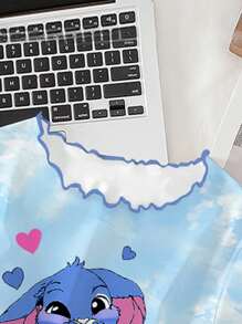 Tween Girls 2pcs Pajama Set, Cute Blue Rabbit Print Blue T-Shirt With Contrast Frill Trim, Matching Loose Rabbit Print Pants With Ruffle Hem, Spring/Autumn Loungewear Cute Pajama Set Girls - Blue - View 3