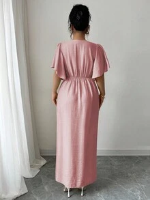 Elenzga 大码女式春夏法式优雅通勤休闲度假下午茶波西米亚风 V 领纽扣装饰 A 字开衩喇叭袖长裙 - 粉色 - 查看 2