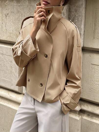 Aloruh 女式休闲纯色翻领短款风衣，咖啡棕色