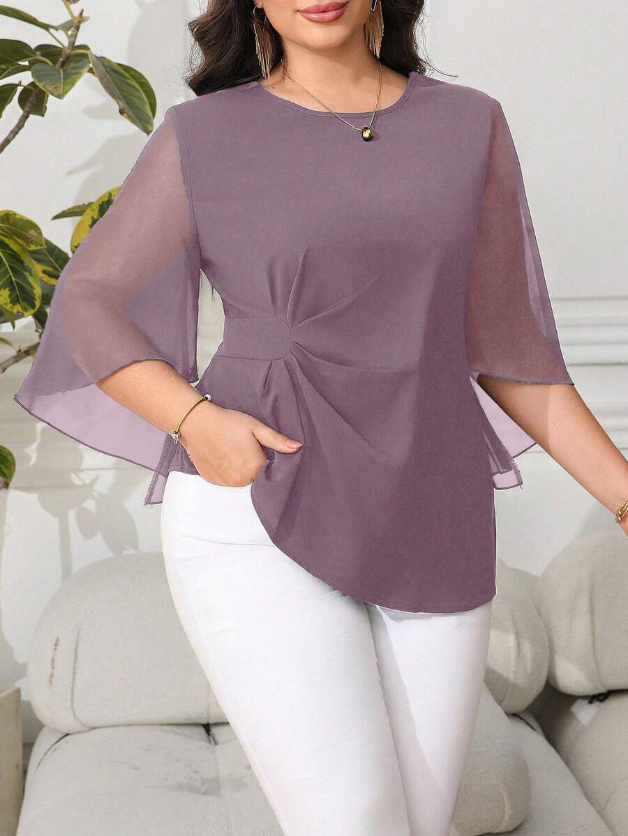 Reflora Plus Size Elegant Commuter Solid Color Bell Sleeve Shirt - Dusty Purple - View 1