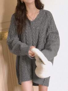 DAZY 宽松圆领麻花针织长袖休闲中长款毛衣，法式时尚秋冬 - 灰色 - 查看 6