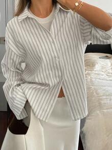 Livesso 女式宽松长袖翻领休闲条纹衬衫，春夏秋季上衣 - 白色 - 查看 4