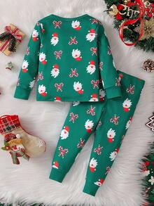 适合幼儿男孩的舒适睡衣套装，长袖上衣和裤子，圣诞主题棒棒糖和蝴蝶结印花，日常家居服 - 綠色 - 查看 2
