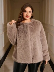 SHEIN Clasi Khaki Round Neck Long Sleeve Rhinestone Button Plus Size Women Faux Fur Jacket, Elegant Fashion For Party And Gathering In Fall/Winter - Khaki - View 5