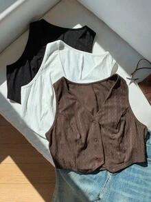 Comfortcana 3件套女士休闲度假日常简约百搭纯色提花纽扣前开襟上衣，夏秋季无袖上衣 - 彩色 - 查看 5