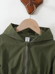SHEIN 1 件年轻女孩纯色简约腰部设计休闲连帽夹克，适合秋冬穿着，适用于学校、户外活动、家庭聚会，提供温暖和舒适 - 軍綠色 - 查看 4