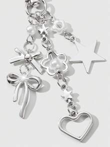 ROMWE Kawaii 1 件 Y2K 极简主义高端银蝴蝶仿珍珠镂空心形星形编织蝴蝶结 DIY 钥匙扣包饰，适合女士/女孩日常佩戴，节日礼物 - 銀白色 - 查看 7