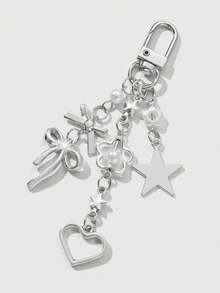 ROMWE Kawaii 1 件 Y2K 极简主义高端银蝴蝶仿珍珠镂空心形星形编织蝴蝶结 DIY 钥匙扣包饰，适合女士/女孩日常佩戴，节日礼物 - 銀白色 - 查看 2