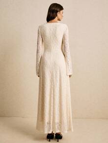 Poéselle 女士优雅通勤纯色提花垂坠领喇叭袖连衣裙 - 杏色 - 查看 6