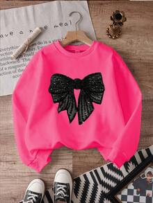 女童休闲舒适时尚简约可爱仿亮片蝴蝶结图案保暖内衬圆领套头卫衣，洋红色，秋冬款 - 玫紅色 - 查看 5