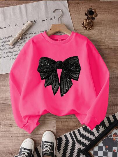 Young Girls' Casual Comfortable Fashion Minimalist Cute Faux Sequins Bow Graphic Thermal Lined Crew Neck Pullover Sweatshirt, Magenta Fall Winter