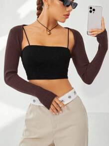 Comfortcana Spring Solid Crop Cardigan Without Cami Black Top In Fall/Winter,Brown Sweater - Coffee Brown - View 3