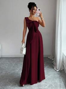 Elenzga 不对称大蝴蝶结腰A字优雅浪漫女装 - 酒紅色 - 查看 5