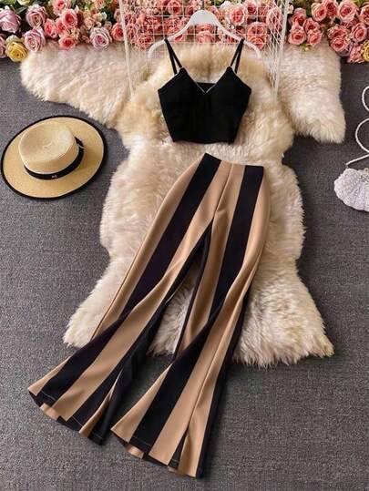 GlowEve Women's Elegant Striped Black & White Contrast Waist Belt Bodycon Flare Pants Fall Cloth For Women
