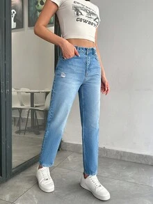 SHEIN Cottnline 100%纯棉休闲破洞锥形牛仔裤 - 淺色水洗藍 - 查看 3