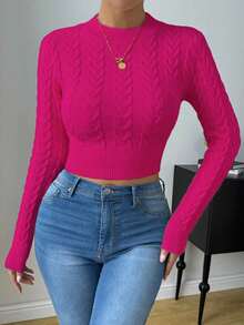 EMERY ROSE Women's Autumn Cable Cable Pattern Crew Neck Long Sleeve Cropped Fitted Sweater Fall Winter Cloth For Women - Hot Pink - View 5