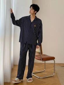 DAZY Navy Blue Striped Shirt With Embroidered Design Men's Loungewear Set, Autumn, Fall Clothes Pajama - Multicolor - View 6