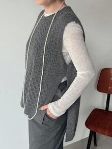 FRIFUL 女士纯色深灰色圆领侧开衩镂空宽松休闲百搭针织背心，时尚秋季社交场合穿搭 - 灰色 - 查看 3