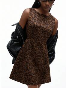 GENKIRA 棕色麂皮豹纹面料复古设计感圆领时尚优雅性感修身休闲百搭无袖长裙女 - 彩色 - 查看 1