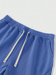 ROMWE MEN Street Life Quần short nam dáng rộng, màu trơn, có dây rút, túi eo - Màu xanh lam - Xem 3