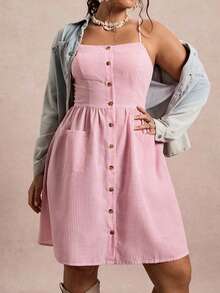 SHEIN VCAY Plus Size Pastel Pink Summer Casual Striped Sleeveless Midi Dress,Smart Casual Vacation Holiday Curve Sundress With Pockets,Bohemian Teacher Outfits - Multicolor - View 1