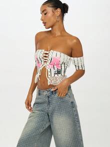 SUMWON WOMEN 露肩束腰系带上衣条纹白色钢琴键设计时尚复古别致美感短袖优雅晚会俱乐部服装 - 白色 - 查看 7