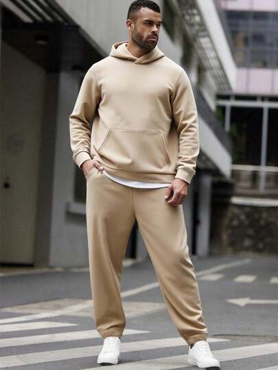 EASEVO Set di felpa con cappuccio e pantaloni della tuta in colore unito, taglie comode, per uomo, adatto per l'autunno e l'inverno