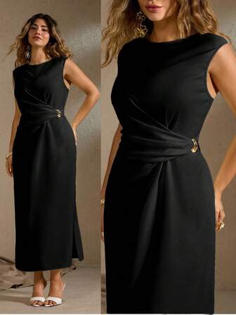 Roveilla Plusstorlek Elegant, avslappnad, ärmlös maxiklänning för kvinnor med rynkad midja, metalldekor, sidosprund, lämplig för pendling, semester, eftermiddagste, fest, enfärgad, vår/sommar