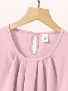 SHEIN 青少年女孩纯色褶皱连衣裙，休闲韩式度假迷你分层袖