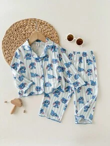 Casual Versatile Cute Cartoon Pattern Long Sleeve Pajama Set, Homewear Baby Girl Pajamas Bunny Pajamas Baby Pajama Set Baby Pj Set Cotton Pajama Set Fall Winter - Blue - View 3