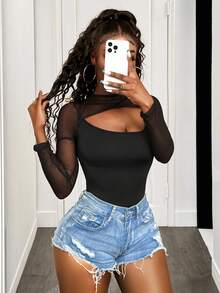 BamGleam Durchsichtiger Mesheinsatz Bodysuit Mit Hohlen Front Ausschnitt Und Langen Ärmeln