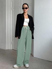 DAZY Women's Drawstring Waist Striped Pocket Wide Leg Loose Casual Pants - Green - View 5