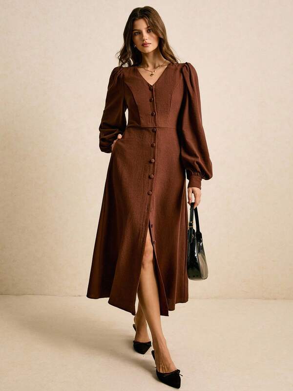 Poéselle 女式纯色V领泡泡袖前扣优雅中长连衣裙